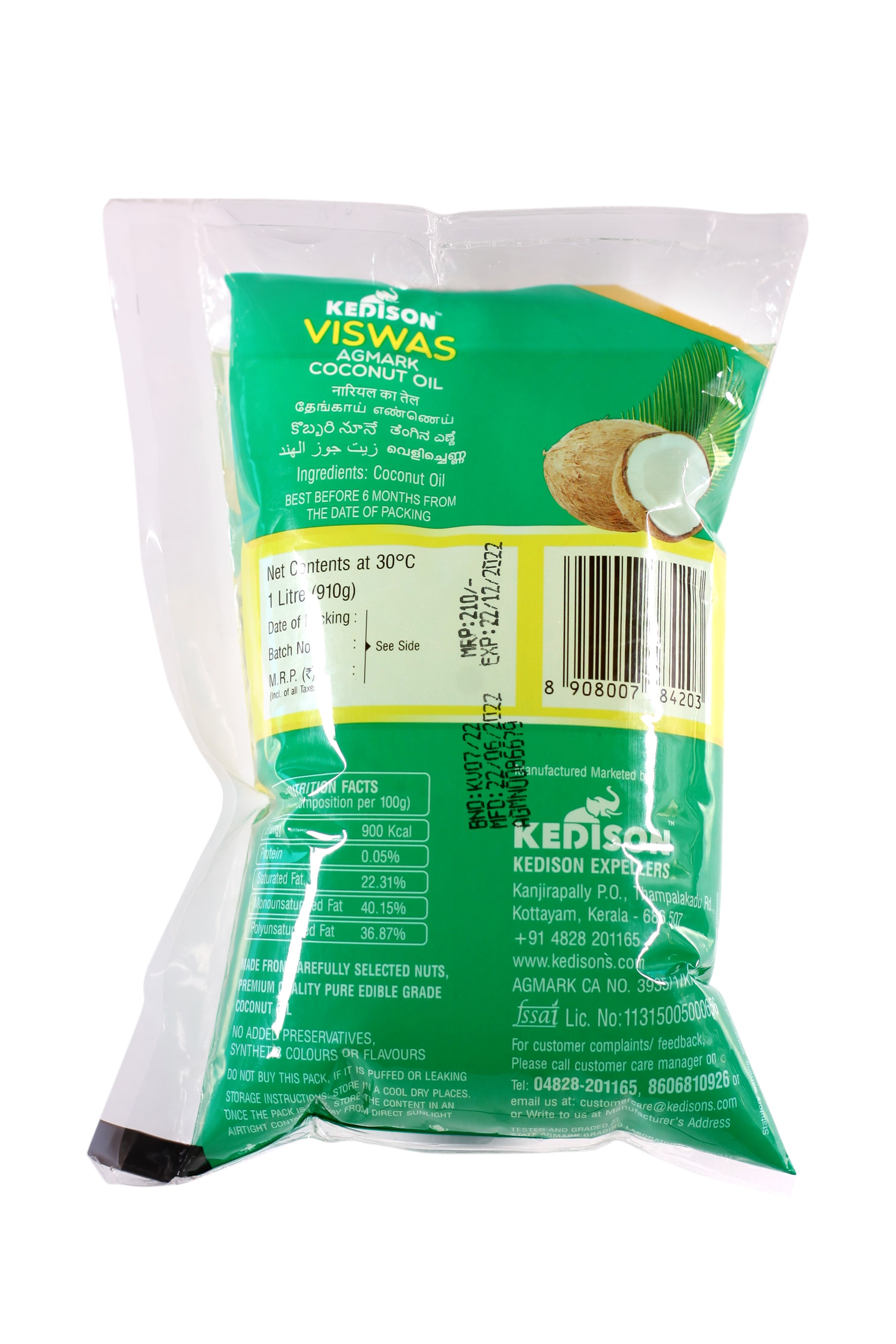 1L Pouch Kedison Viswas Coconut Oil - Virgin, Organic, Chem-Free - Kedisons